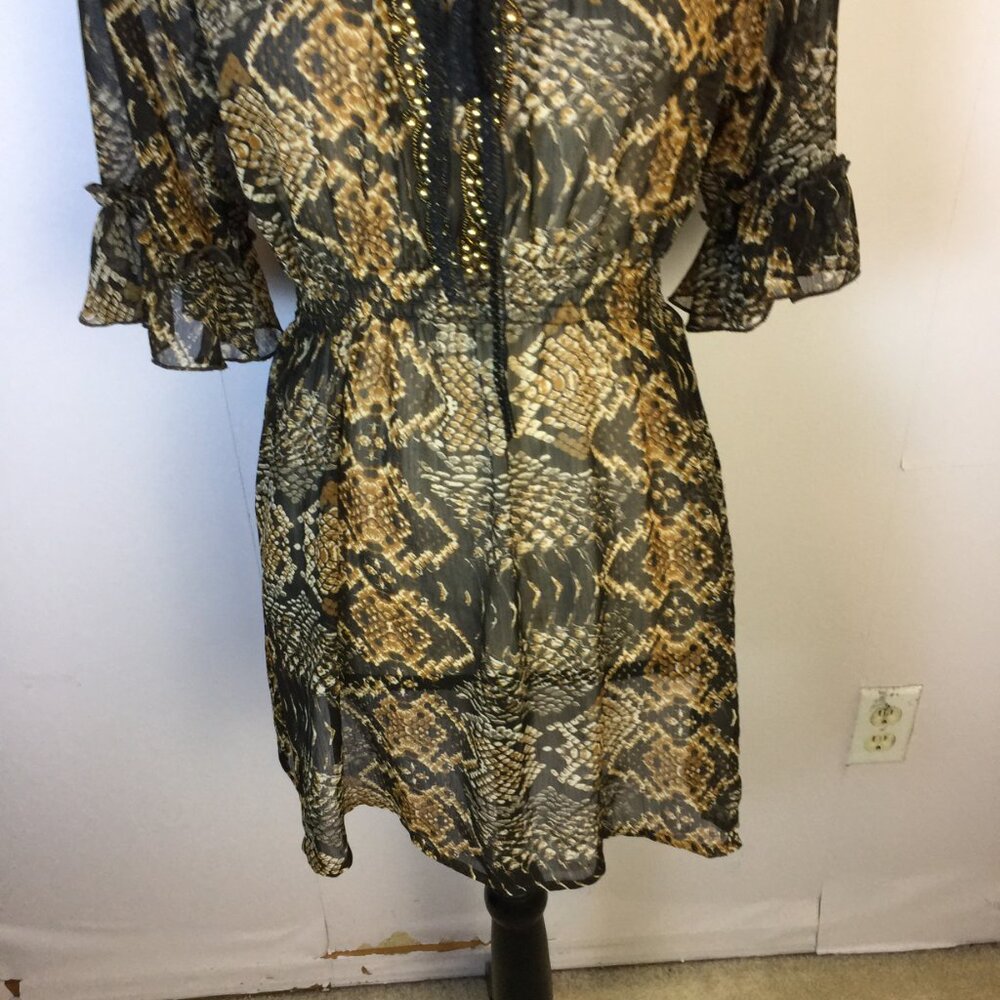 Mushka By Sienna Rose Tunic Blouse Sz M Womens Animal Print Smocked Waist Beaded - Picture 5 of 13